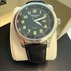 Precision by Gruen Black Dial Leather Strap Watch